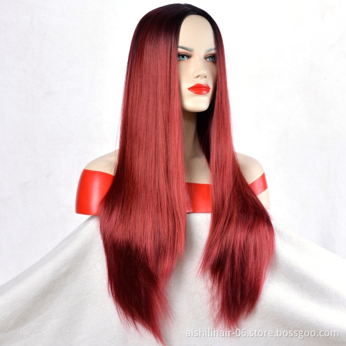 Aishili Black and red color long synthetic wigs natural straight and Silky straight hair for Mature woman Wholesale fashion wig
